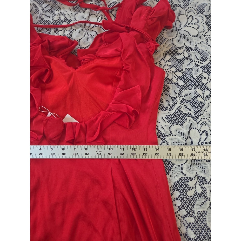 Red Satin Mini Dress 4 Ruffled Lo Back Tie Lined Padded Homecoming Party NWT - Picture 5 of 9